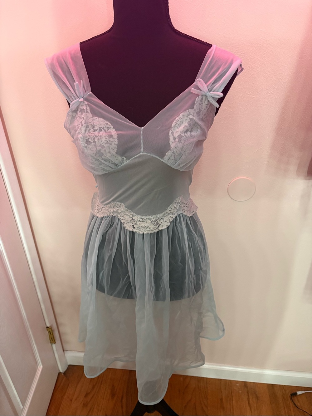 Adonna Sheer Lace-Trim Chemise in Pale Blue